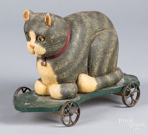 Carved and painted folk art cat pull toy