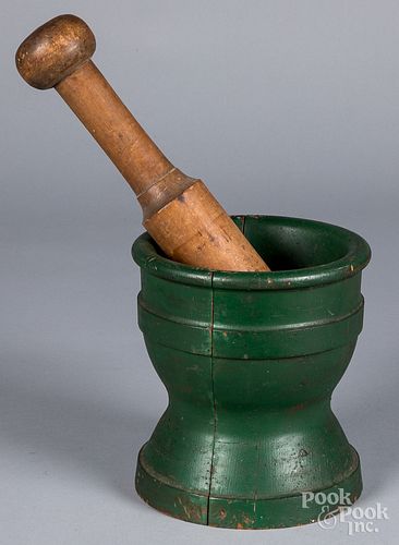 Large painted pine mortar and pestle, early 20th c