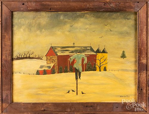 Folk art oil on canvas winter farm scene