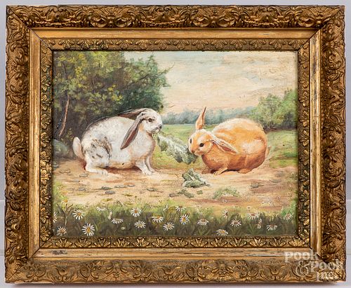 Oil on board of two rabbits, ca. 1900