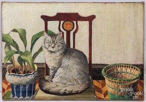Oil on canvas of a cat on a table, ca. 1900