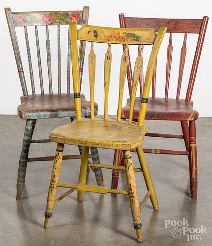 Three painted plank seat chairs, 19th c.