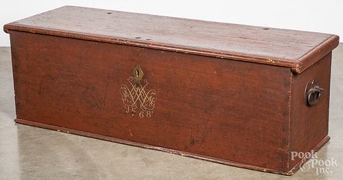 Painted pine lift lid bench, dated 1768