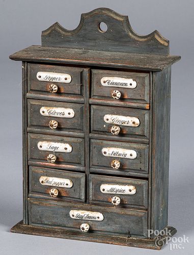 Painted pine hanging spice cabinet, early 20th c.