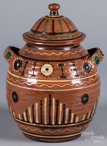Large Turtlecreek Potters redware jar and cover