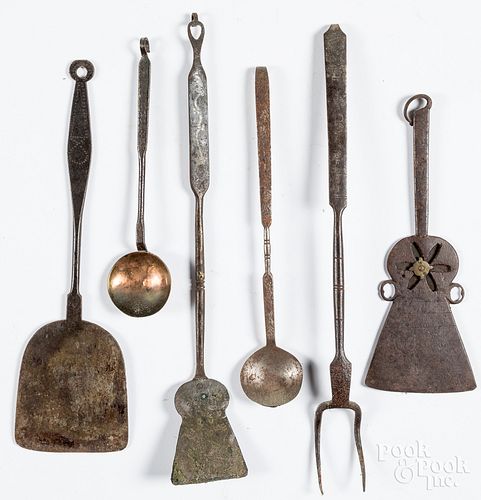 Six wrought iron kitchen utensils, 19th c.