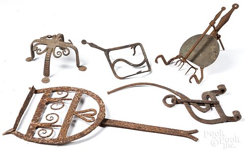 Five pieces of wrought iron hearth equipment