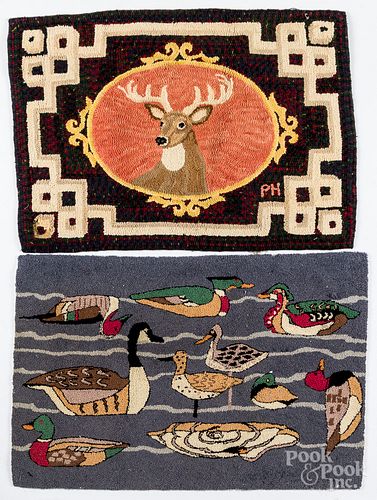 Two contemporary hooked rugs, of a stag and ducks