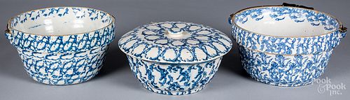 Three blue spongeware bowls