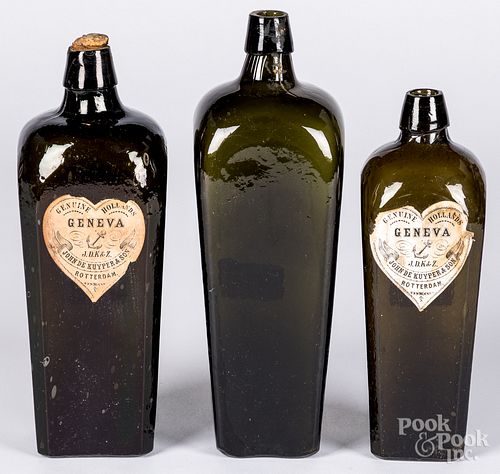 Three olive glass gin bottles, 19th c.