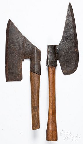 Two early wrought iron goose wing axes, ca. 1800