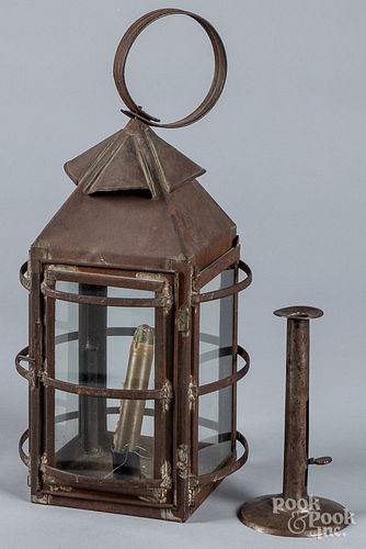 Tin barn carry lantern and hogscraper candlestick
