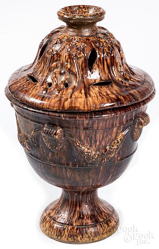 Large redware covered urn with Rockingham glaze