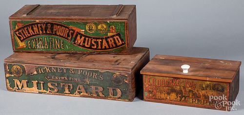 Three wood advertising spice boxes, 19th c.