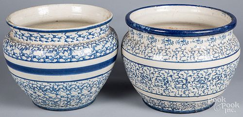 Two large blue and white spongeware jardinières