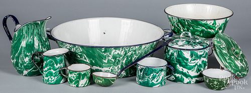 Group of green and white graniteware, ca. 1900