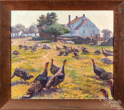 Oil on canvas landscape with turkeys, mid 20th c.