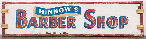 Large painted tin Minnow's Barber Shop sign