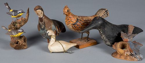 Carved and painted grouse, etc.