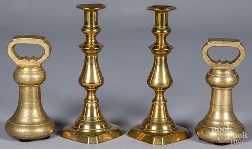 Pair of seven pound brass scale weights, etc.