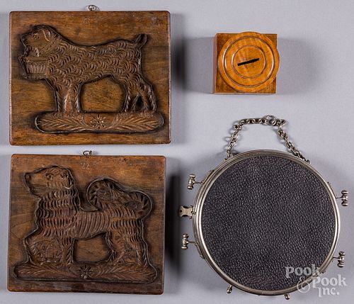 Carved wood & iron dog cake boards, 19th c., etc.