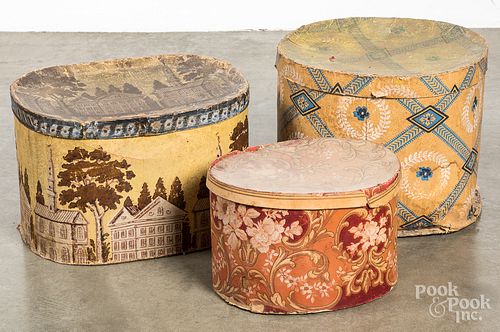 Three wall paper hat boxes, 19th c.