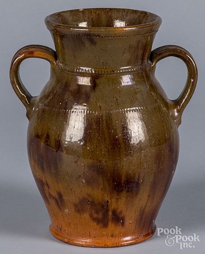 Jacob Medinger redware two handle vase, 10 3/4" h.