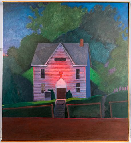 Oil on canvas of a church, initialed JCW