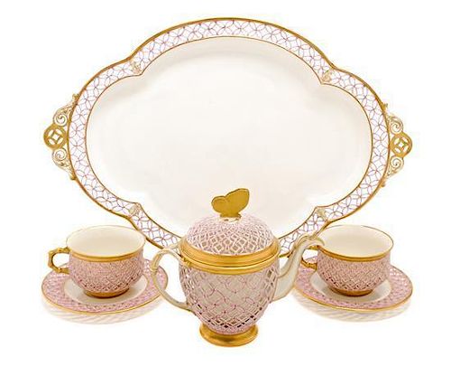 A Crown Derby Porcelain Tete-a-Tete, RETAILED BY TIFFANY & CO., Width of tray over handle 17 1/2 inches.