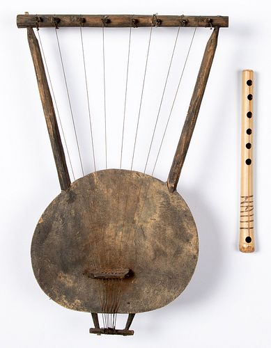 African lyre, together with a bamboo flute, 19" l.
