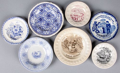 Seven transferware cup and toddy plates, 19th c.