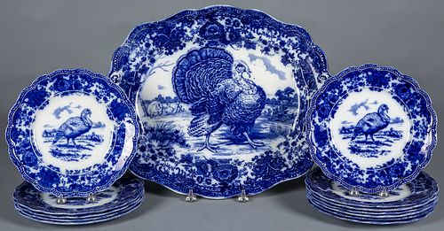 Ridgeways flow blue turkey platter & twelve plates
