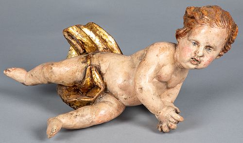 Carved and painted putti figure, 19th c., 17" h.