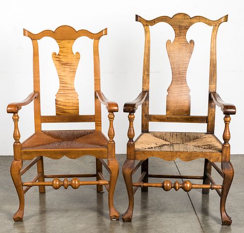 Two bench made Savery style tiger maple armchairs