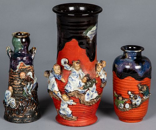 Three Japanese Sumida Gawa pottery vases, ca. 1900