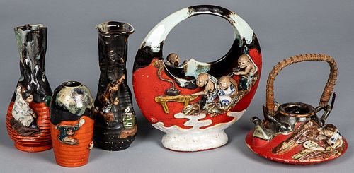 Five pieces of Japanese Sumida Gawa pottery