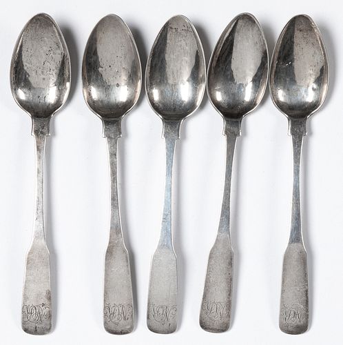 Five Philadelphia coin silver teaspoons, ca. 1800