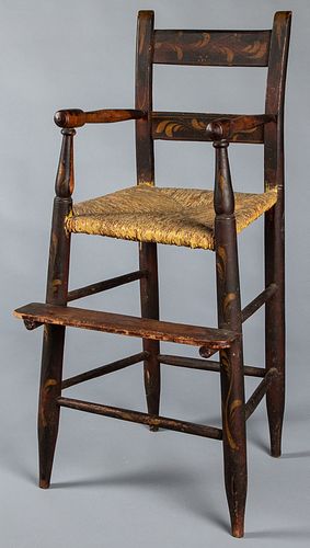 Child's painted rush seat high chair, 19th c.