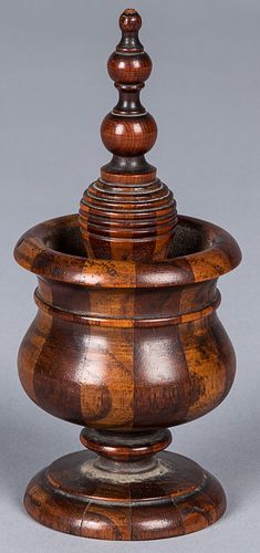 Turned treenware canister, 19th c., 6 1/4" h.