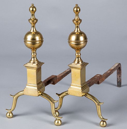 Pair of federal brass andirons, ca. 1800, 17" h.