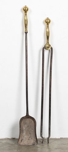 Federal brass fire tongs and shovel, 19th c.