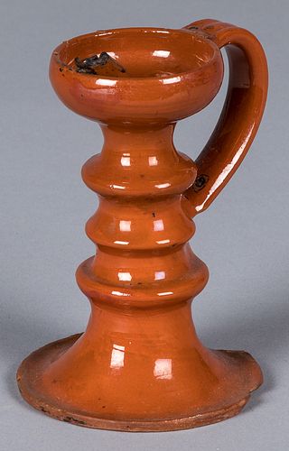 Pennsylvania redware fat lamp, 19th c., 5 1/4" h.