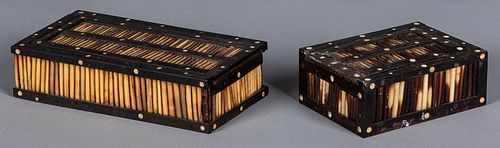 Two quillwork and ebony slide lid boxes