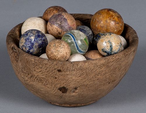 Burl bowl, 19th c., and Bennington marbles