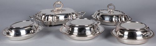 Five silver plated covered vegetables and entrees