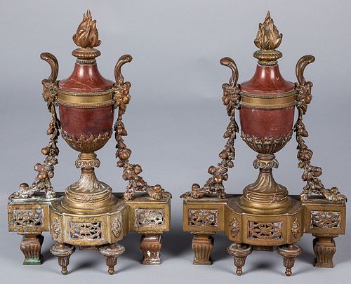 Pair of French bronze and marble chenets
