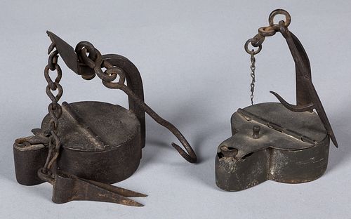 Two iron and copper fat lamps, 19th c.