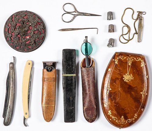 Early spectacles, sewing accessories, etc.