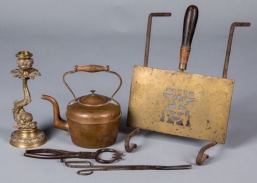 Brass trivet, together with a copper kettle, etc.