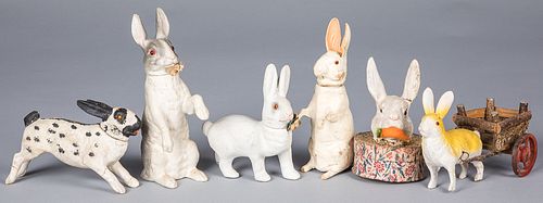 Six composition rabbit candy containers